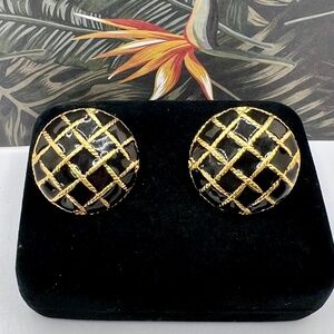 Napier CLIP Round Black Enamel Basket Weave Earrings